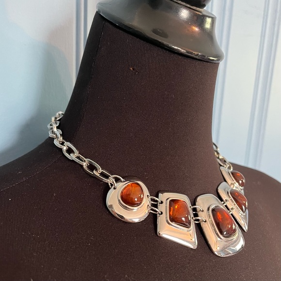 Lia Sophia Kiam Family Silver Tone Faux Amber Nacklace Big Chunky Up to 20" L - Picture 2 of 15